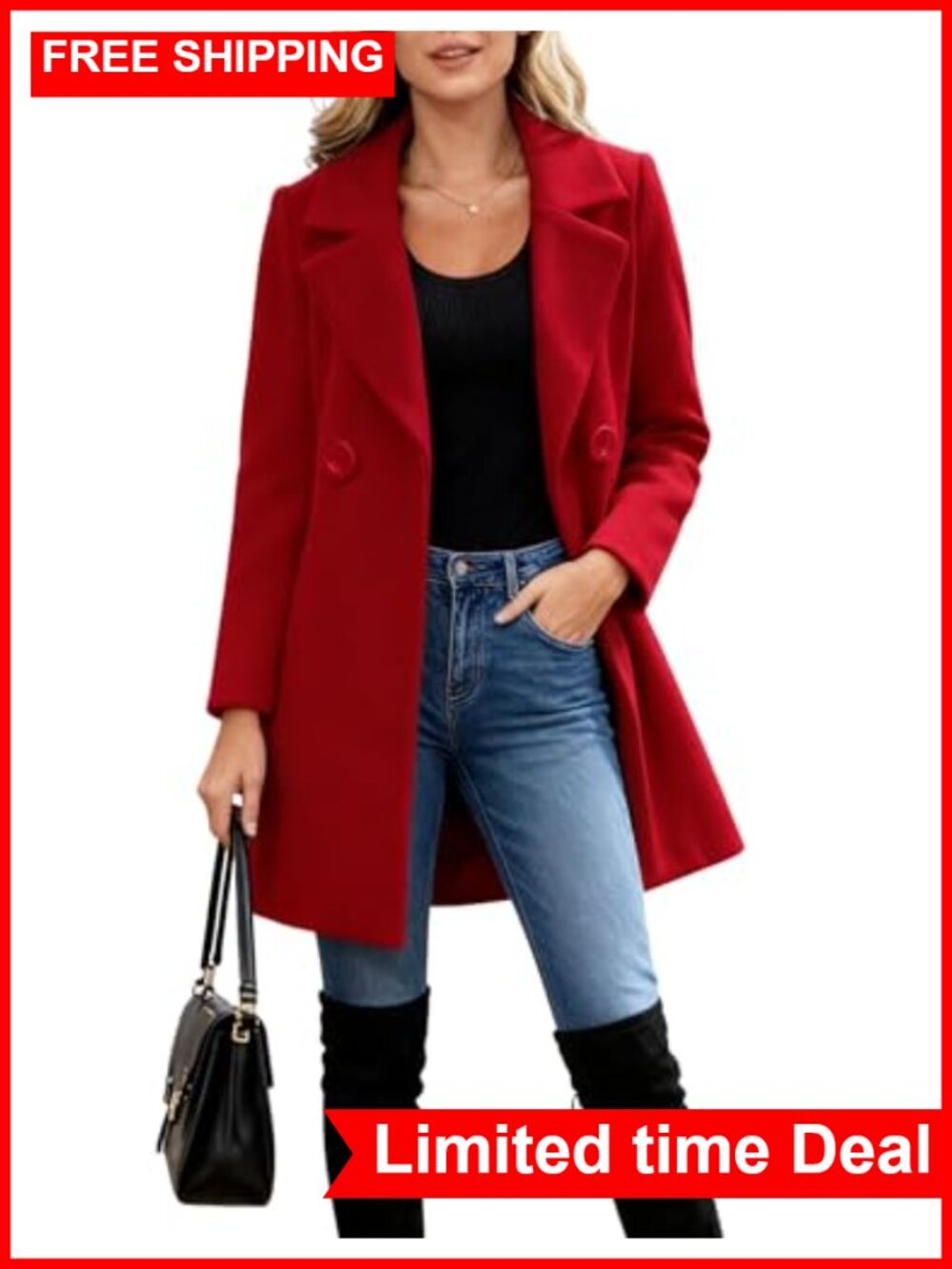 Wool Blend Pea Coat Long Sleeve Button Down Slim Fit Winter Overcoat